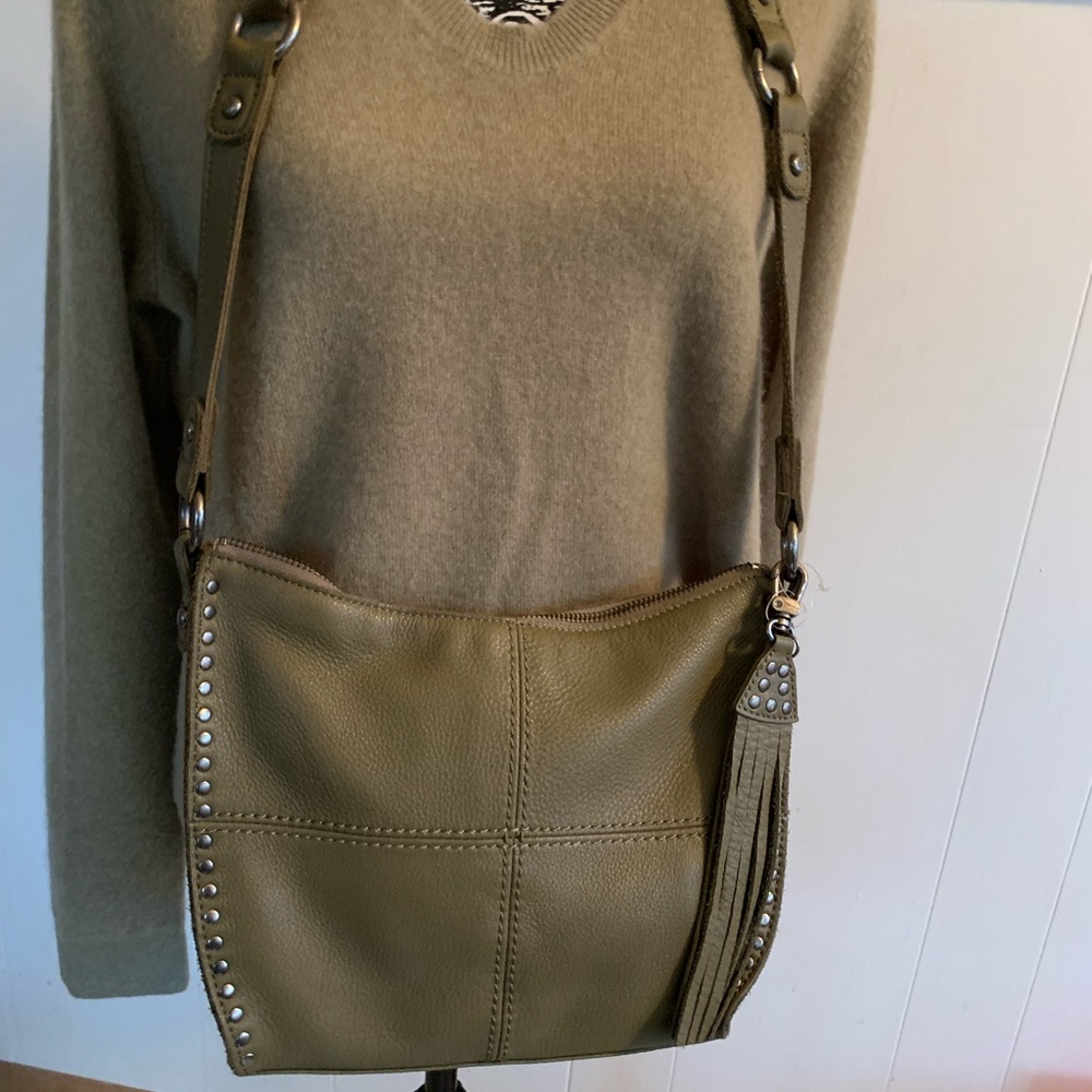 The Sak adjustable cross body Leather sage-olive purse. “Silverlake” style